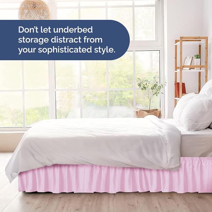 Wrap Around Dust Ruffle Bed Skirt - Light Pink - Twin/Twin XL Size Beds with 15 Inch Drop - Elastic Strap - Adjustable Pleated Bedskirt with Brushed Fabric and Wrinkle Free - Women, Men, Kids & Teens