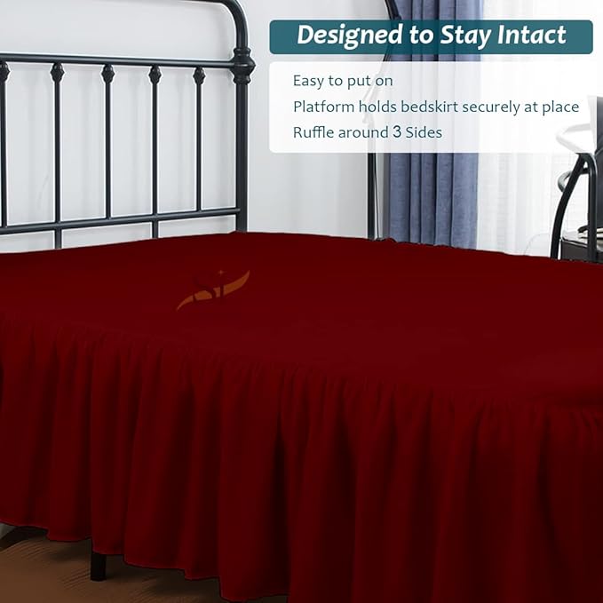 Shreem Linen Ruffled Bed Skirt with Split Corners, Gathered Style, 100% Microfiber, 21-Inch Drop, Dust Ruffle Bedskirt with Platform, King, Burgundy