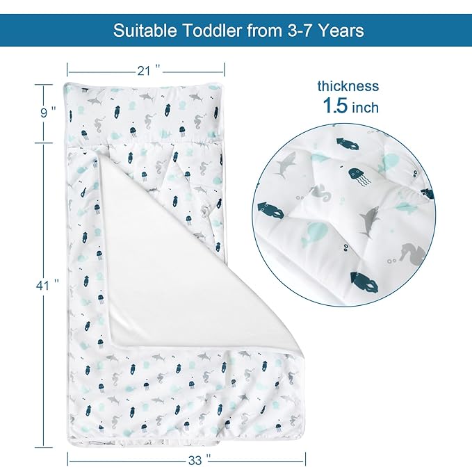 Toddler Nap Mat with Blanket 50" x 21" x 1.5", Nap Mat for Boys Girls Super Soft and Cozy, Kids Sleeping Bag for Preschool, Daycare, Toddler Sleeping Bag, White