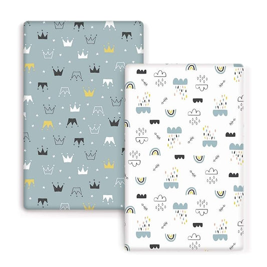 GRSSDER Stretchy Ultra Soft Jersey Knit Fitted Pack n Play Playard Sheets Set 2 Pack，Portable/Mini Crib Sheets, Crown and Cloud for Girls and Boys