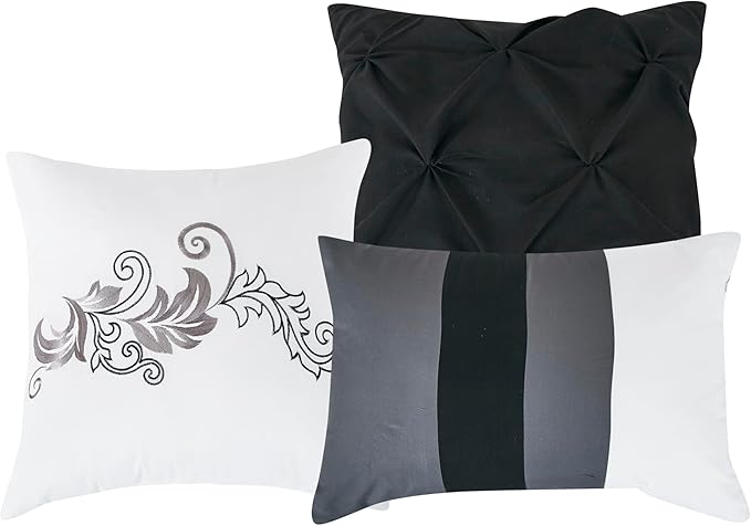 Chezmoi Collection Napa 7-Piece Luxury Leaves Scroll Embroidery Bedding Comforter Set (Oversized King, Black/Gray/White)