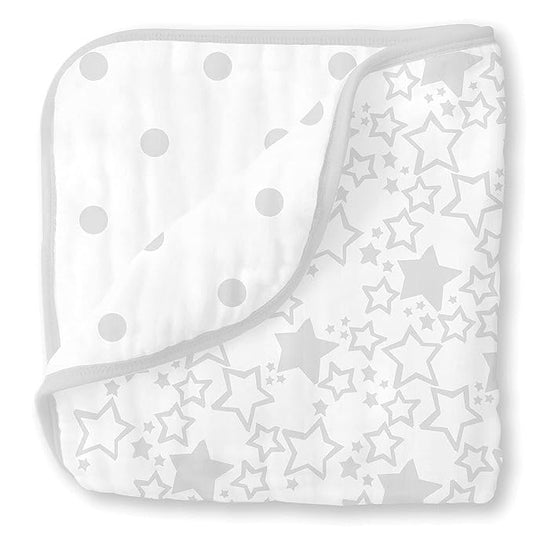 SwaddleDesigns 4-Layer Cotton Muslin Luxe Blanket, Baby and Toddler Cuddle and Dream, 46x46 inches, Sterling Starshine and Dots