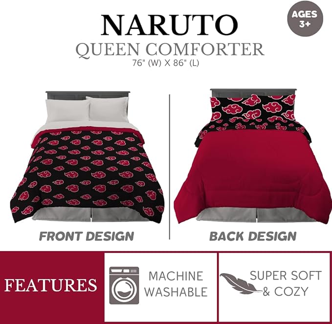 Naruto Anime Akatsuki Pattern Bedding Soft Microfiber Comforter, Queen, (Official Naruto Product) by Franco