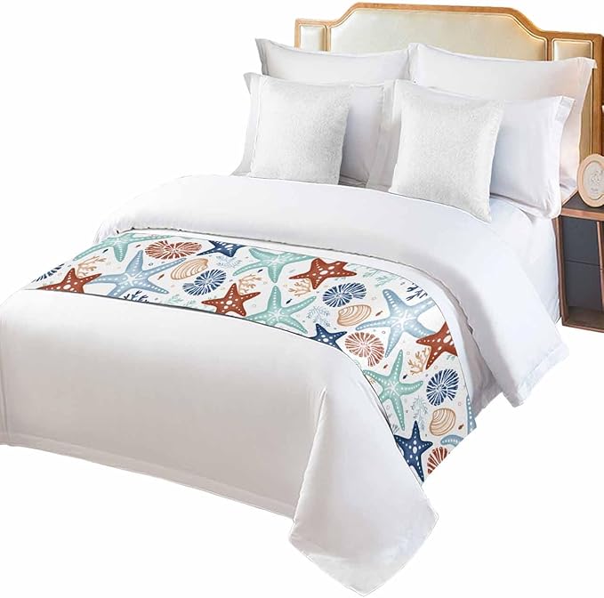 Blue Teal Khaki Coral Bed Runner for Cal. King Size Bed, Bedspread Protector Slipcover Bed Scarf for Foot Bed Runners & Scarves for Bedroom 94x20 Spring Summer Coastal Starfish Beach Nautical Conch