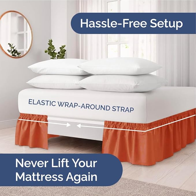 Wrap Around Dust Ruffle Bed Skirt - Terracotta - for Queen Size Beds w/ 12 Inch Drop - Easy Fit Elastic Strap - Adjustable Pleated Bedskirt w/Brushed Fabric - Wrinkle Free, Women, Men, Kids & Teens