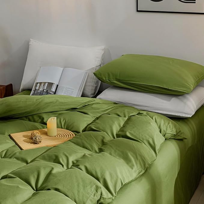 JELLYMONI Christams Duvet Cover California King - 100% Washed Cotton Linen Like Textured Comforter Cover, 3 Pieces Soft Cooling Bedding Set with Zipper Closure (Avocado Green, Calking 104"x98")