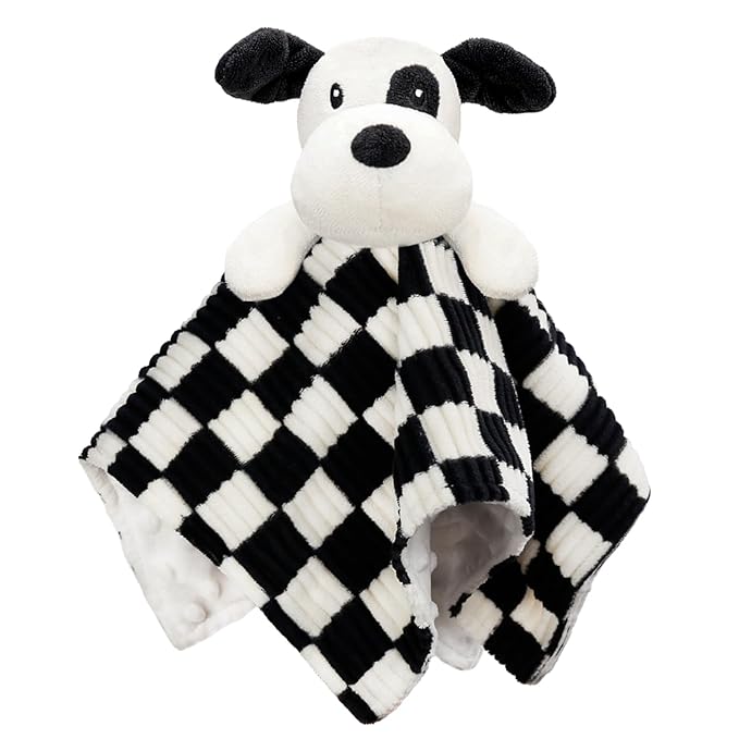 Baby Security Blanket for Boys Girls, High Contrast Super Soft 3D Checkerboard Gingham with Minky Dot Fabric Backing Snuggle Stuffed Animal Blankie Puppy Lovely Black 14 Inch