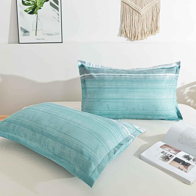 Faincy 7 Pcs King Size Comforter Set with Sheets, Blue, Grey and Teal Striped Pattern Print Alternative Bed Sets - 104 x 90 Soft Microfiber Modern Abstract Bedding in a Bag for Women Men, Gray