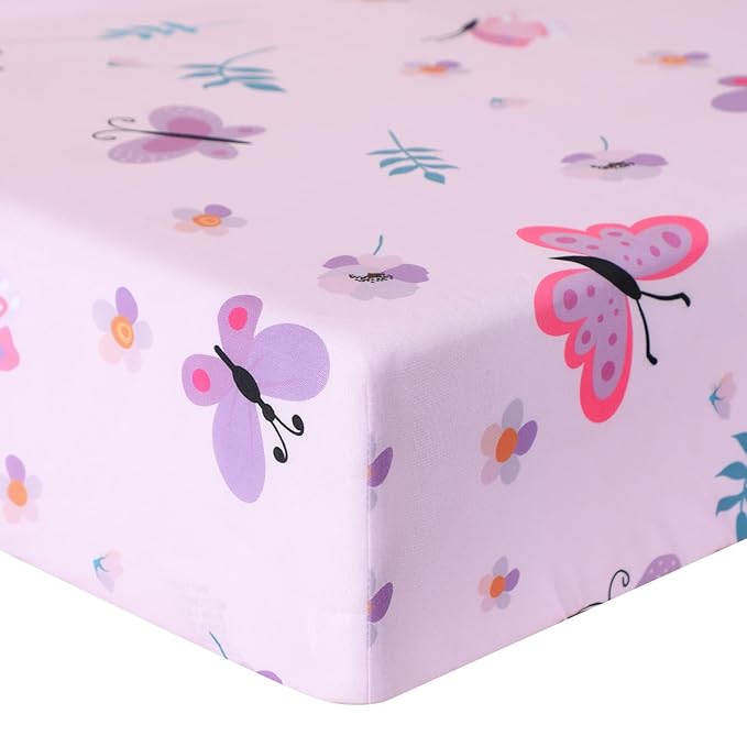 Tudomro 3 Pieces Butterfly Nursery Crib Bedding Set for Girls, Standard Size Bedding Sets with Comforter Fitted Sheet Crib Skirt(Purple)
