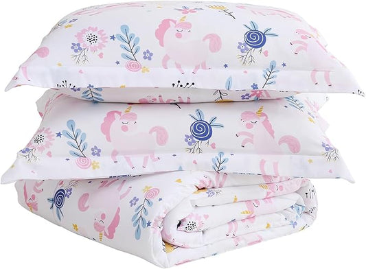 Yibeizi Pink Unicorn Comforter Set for Girls Full Size, Kids Boho Floral Printed Bedding Set with Pillow Sham, Cute Lightweight Soft Breathable Machine Washable Quilted Bed Comforter Set 3 Piece
