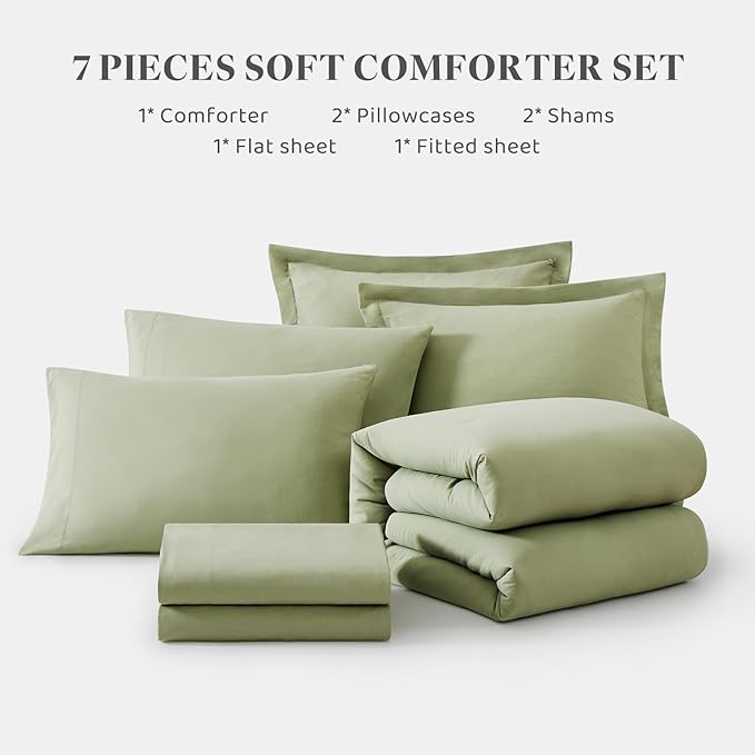 WRENSONGE Oversized Queen Comforter Set - 7 Pieces Sage Green Bed in a Bag Queen with Sheets, 2 Pillow Shams, and 2 Pillowcases- Warm Bedding Sets Queen for All Season