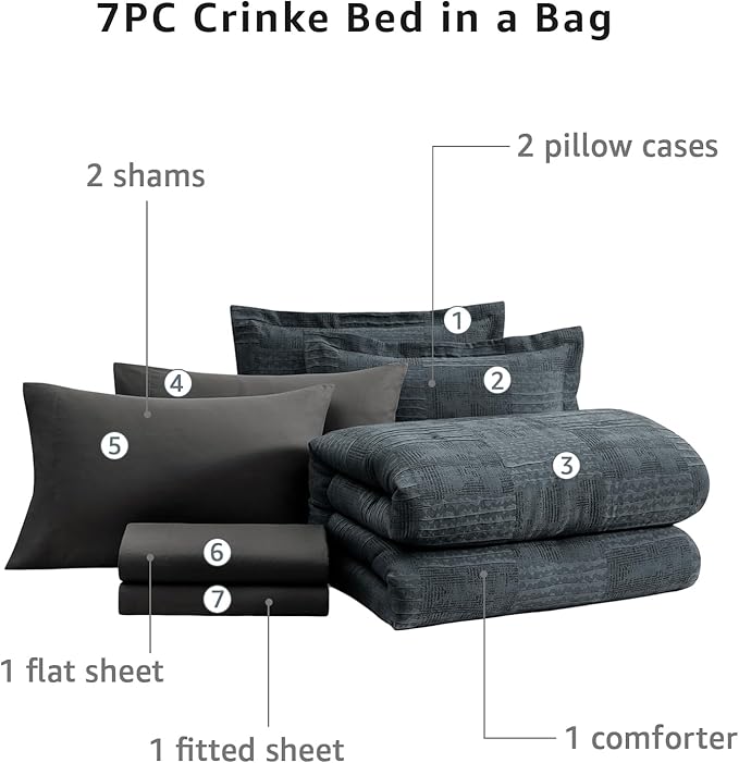 MaiRêve Full Size Comforter Sets Blue Grey, Textured Design Crinkle Bedding Sets 7 Pieces, All Season Bed in A Bag with Comforter, Sheets, Pillowcases & Shams