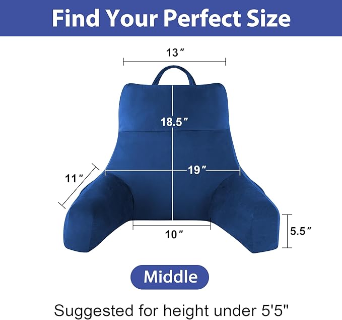 Back Pillow for Bed Sitting up, Reading Pillow for Sitting in Bed Adult, Back Support Pillow, Memory Foam Sit up Lounge Backrest Pillow with Arms for TV, Couch, Chair, Dorm, 18 Inch, Navy Blue
