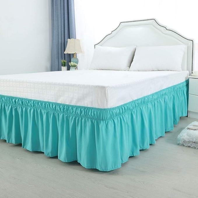 Bed Skirt - Wrap Around Bed Skirts Elastic Dust Ruffles, Easy Fit Wrinkle and Fade Resistant Luxurious Fabric Solid Color, Aqua Full XL Size Beds 15 Inch Drop