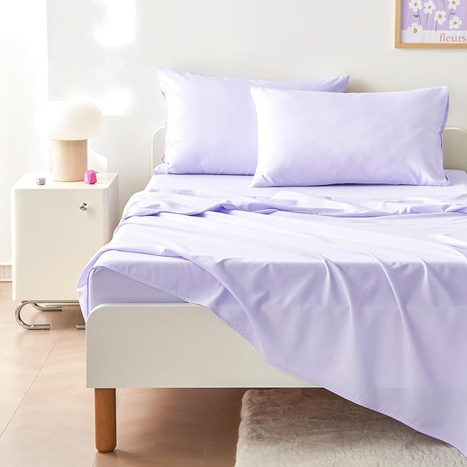 Wake In Cloud - Floral Bedding Set for Girls, Cute Colorful Botanical Flowers Patterned Soft Lightweight Comforter Set with Sheets, 5 Pieces Kids Bed in a Bag, Purple White, Twin Size
