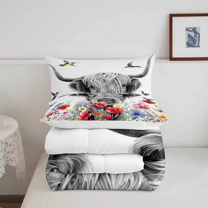 Highland Cow Comforter Set King, Red Poppy Floral Bedding Set for Teens Boys Girls Adult, Hummingbird Western Funny Animals Quilt Set Cattle Bull Cattle Wild Animals Farmhouse Down Comforter
