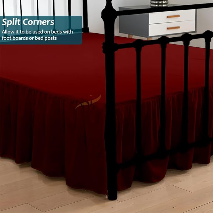 Shreem Linen Ruffled Bed Skirt with Split Corners, Gathered Style, 100% Microfiber, 24-Inch Drop, Dust Ruffle Bedskirt with Platform, Full-XL, Burgundy
