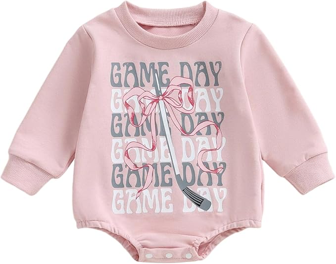 Newborn Infant Baby Girl Game Day Outfit Bows Hockey Onesie One Piece Long Sleeve Romper Winter Clothes