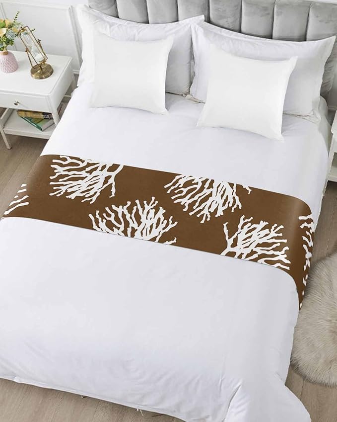 Coral Brown Bed Runner Scarf for Twin Size Bed Foot,Decorative Bedding Accessory Stainproof & Dustproof Soft Protector For Bedroom Hotel Wedding Room White Coastal Ocean Marine Nautical Beach 71"x20"