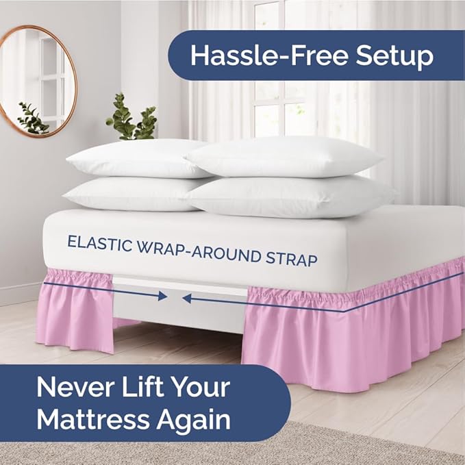 Wrap Around Dust Ruffle Bed Skirt - Light Pink - for King Size Beds with 18 Inch Drop - Elastic Strap - Adjustable Pleated Bedskirt with Brushed Fabric and Wrinkle Free - for Women, Men, Kids & Teens
