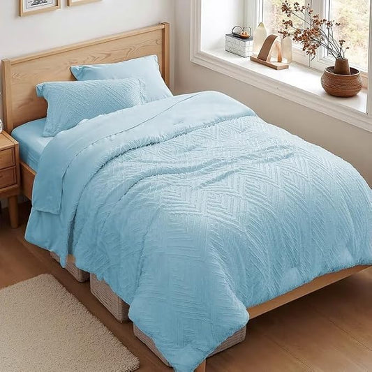 Zzlpp Twin Comforter Set 5 Pieces, Light Blue Tufted Bed in a Bag with Comforter and Sheets, All Season Boho Bedding Sets with 1 Comforter, 1 Pillow Sham, 1 Pillowcase, 1 Flat Sheet, 1 Fitted Sheet