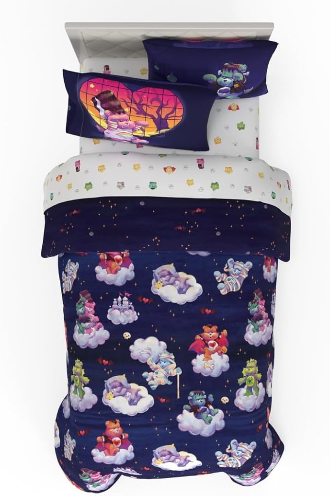 Care Bears x Universal Monsters Halloween Bedding 5 Piece Super Soft Cozy Reversible Comforter and Sheet Set with Sham, Twin, (Officially Licensed Product) by Franco