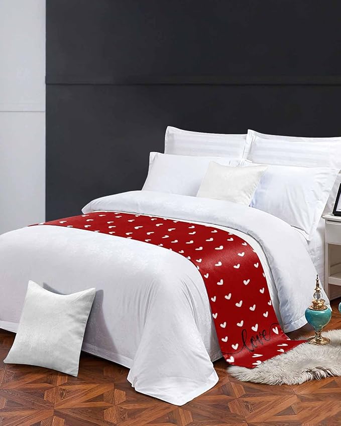 Valentine's Day White Love Hearts Bed Runners for Bedroom Hotel,Decorative Bedding Scarf Sweetheart and Quote on Red Bed End Blanket Bedding Runner Scarves for Full Size Bed,83x20in