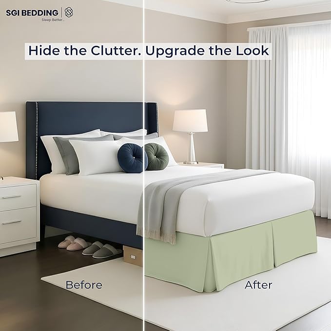 SGI bedding 12 inch Drop Bed Skirt Full Size - Platform Style with Secure Fit, Classic Tailored Look, Elegant Pleated Style Dust Ruffle, Split Corners, Wrinkle Resistant Microfiber - Sage