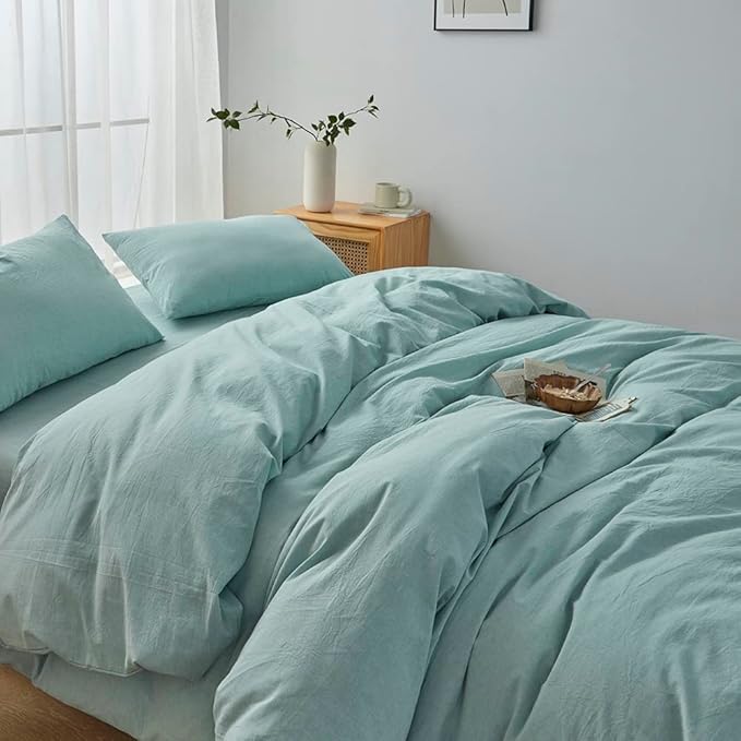 FACE TWO FACE Bedding Duvet Cover Set100% Washed Cotton Duvet Cover Linen Like Textured Breathable Durable Soft Comfy (Queen, Dusty Blue)