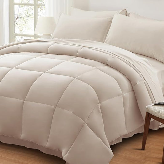 Anluoer Queen Size Bed in a Bag 7 Pieces, Beige Bed Comforter Set with Sheets, All Season Bedding Sets with 1 Comforter,2 Pillow Shams,2 Pillowcases, 1 Flat Sheet,1 Fitted Sheet