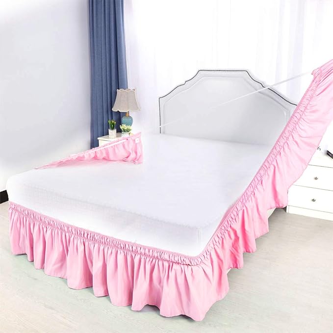 Bed Skirt - Wrap Around Bed Skirts Elastic Dust Ruffles, Easy Fit Wrinkle and Fade Resistant Luxurious Fabric Solid Color, Pink Queen Size Beds 15 Inch Drop
