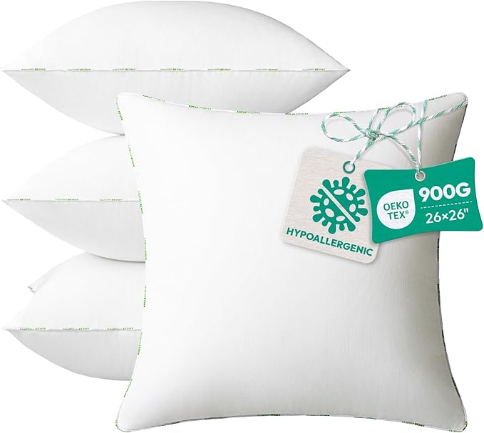 Ashler Home Deco Throw Pillow Inserts (Pack of 4, 26 x 26 Inches, White) - Hypoallergenic 100% Virgin Fiber Square Form Microfiber Throw Pillows for Bed and Couch Pillows | Indoor Decorative Pillow
