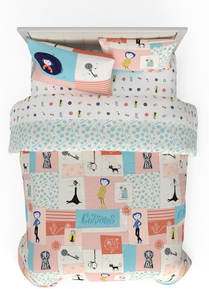 Coraline Kids Bedding Super Soft & Cozy Reversible Microfiber Comforter and Sheet Set with Sham, 7 Piece Full Size, (Officially Licensed Product) by Franco