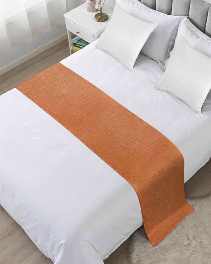Vintage Orange Linen Burlap Bed Runners for Bedroom Hotel,Decorative Bedding Scarf Farm Fall Thanksgiving Bed End Blanket Bedding Runner Scarves for Full Size Bed,83x20in
