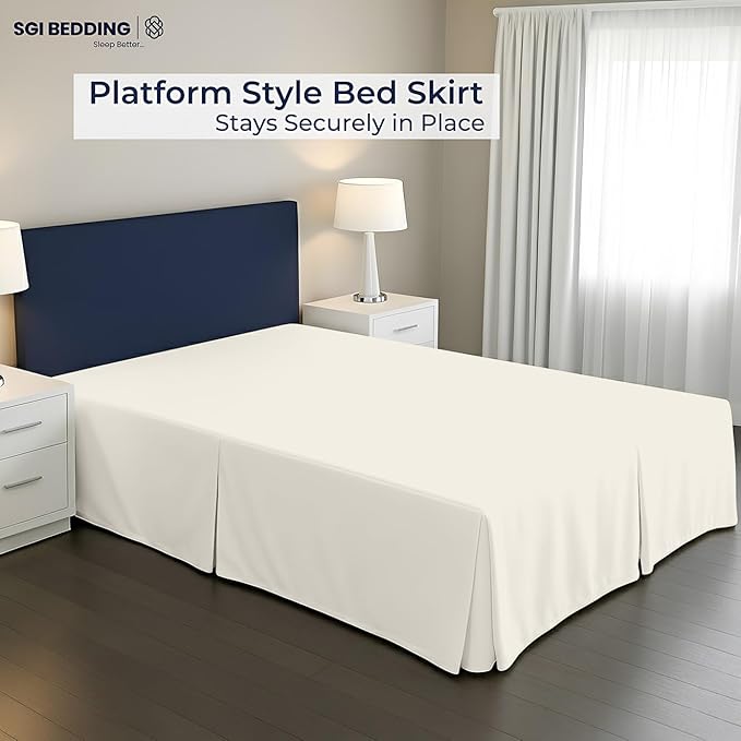SGI bedding 13 inch Drop Bed Skirt Cal King Size - Platform Style with Secure Fit, Classic Tailored Look, Elegant Pleated Style Dust Ruffle, Split Corners, Wrinkle Resistant Microfiber - Ivory