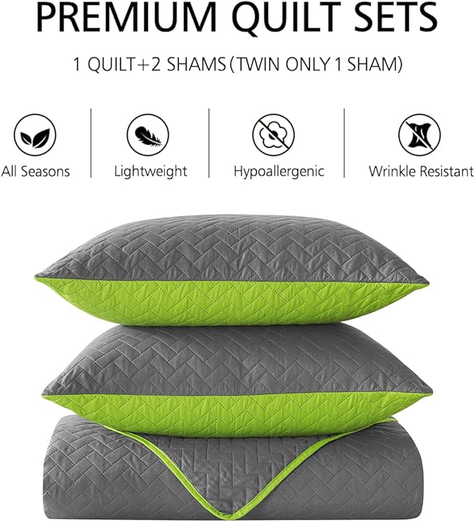 JML Quilts Set, Bedspread Coverlet Set with Pillowcases - 3 Piece Soft and Lightweight Bed Quilt for Spring, Autumn and Summer (Reversible Embossed - Charcoalgray/Limegreen, Full/Queen(88"x92"))
