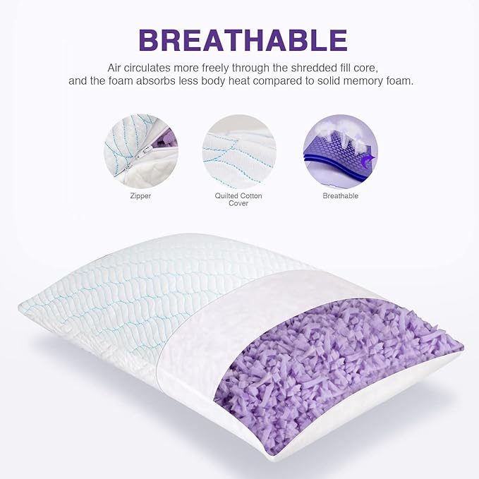 Cooling Pillows Standard Size Set of 4, Shredded Memory Foam Pillows with Zipper, Adjustable Firm for Sleeping Cool Cold Pillow for Hot, Side Sleepers,20x26,4 Pack