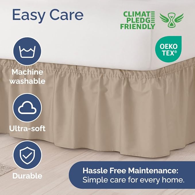 Wrap Around Dust Ruffle Bed Skirt – Cream - Twin/Twin XL Size Beds with 15 in. Drop – Easy Fit Elastic Strap - Pleated Bedskirt with Brushed Fabric - Wrinkle Free, Machine Wash - by CGK Linens