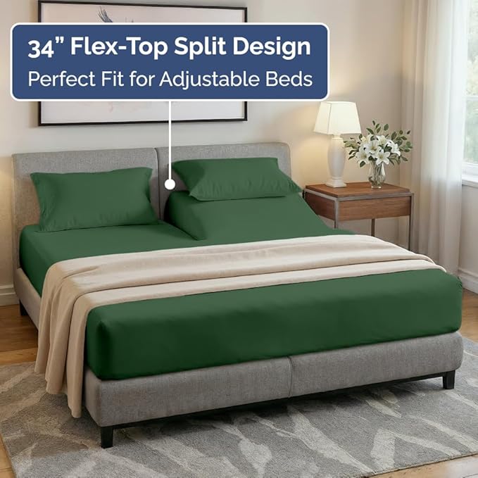 Flex Top Split Head King 4 Piece Sheet Set - Comfy Breathable & Cooling Bed Sheets Set - Hotel Luxury Bedding for Women, Men, Kids, Teens, Boys & Girls - Deep Pockets, Soft - Oeko-Tex - Emerald Green