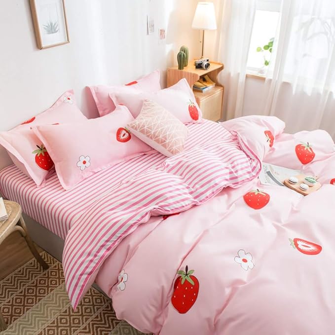 Girls Bedding Set Pink Strawberry Duvet Cover Set Sweet Strawberry Floral Print Comforter Cover Set Cute Fruit Theme Bedspread Cover with Zipper,Luxury Reversible Stripes Bedding(Queen,Strawberry)