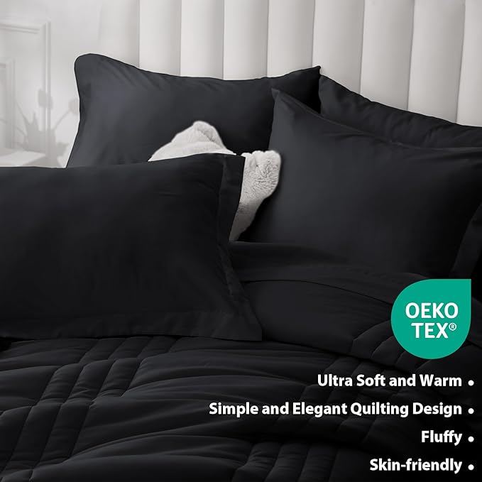 Full Comforter Set Black - Bed in a Bag Full Size 7 Pieces, Soft Bedding Set for All Seasons, Premium Comforter Set with Comforter, Sheets, Pillowcases & Shams