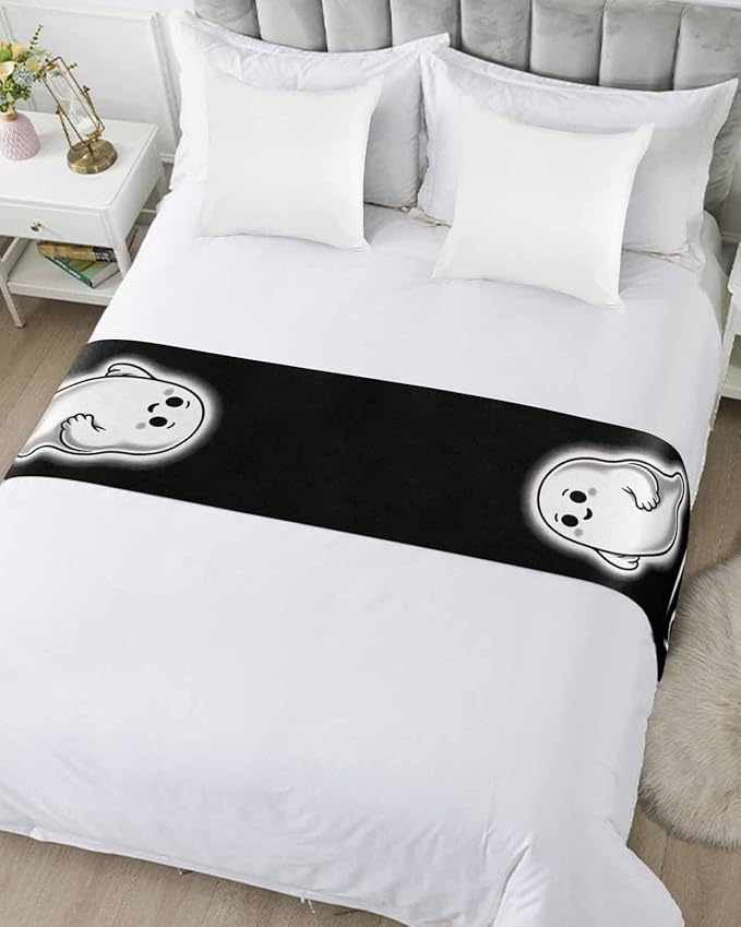 Halloween Cute Ghost Boo Bed Runners for Bedroom Hotel,Decorative Bedding Scarf Black and White Bed End Blanket Bedding Runner Scarves for King Size Bed,102x20in
