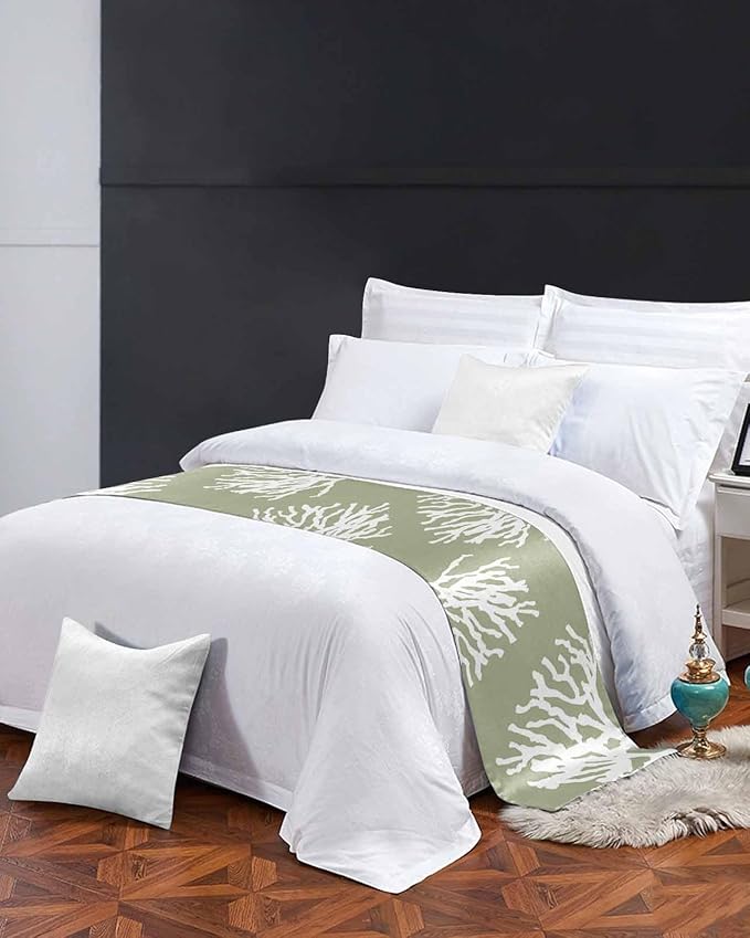 Coral Sage Green Bed Runner Scarf for Twin Size Bed Foot,Decorative Bedding Accessory Stainproof & Dustproof Soft Protector For Bedroom Wedding Room Coastal White Ocean Marine Nautical Beach 71"x20"