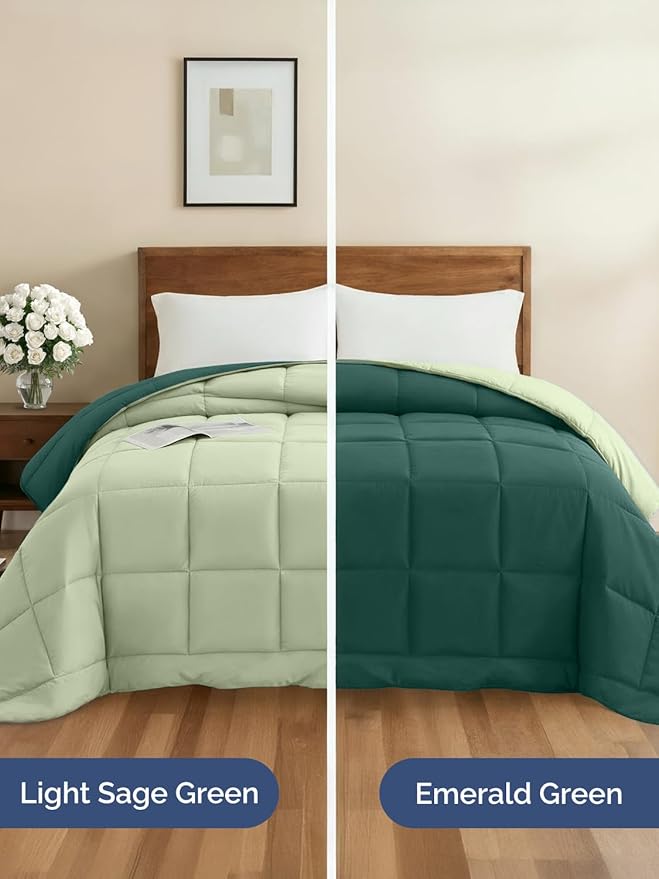 Queen Size, Emerald/Light Sage Green Alternative Down Comforter - Warm, Lightweight & Breathable Hotel Quality Bedding Set for Men, Women, Kids and Teens - All Season Cooling Duvet Insert Comforter