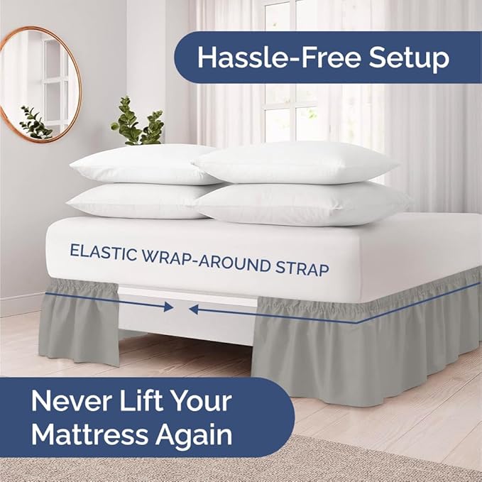 Wrap Around Dust Ruffle Bed Skirt - Light Grey - Twin/Twin XL Size Beds with 21 Inch Drop - Elastic Strap - Adjustable Pleated Bedskirt with Brushed Fabric and Wrinkle Free - Women, Men, Kids & Teens
