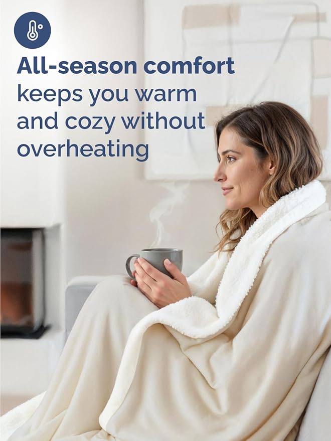 Sherpa Fleece Blanket Queen Size - Reversible Sherpa Fleece Queen Blanket - Super Soft Double Sided for Bed, Sofa, Couch - Thick, Warm, Fuzzy & Plush - Luxurious Bedding for Winter - Ivory, 90" x 90"