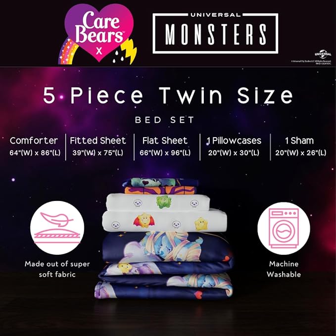 Care Bears x Universal Monsters Halloween Bedding 5 Piece Super Soft Cozy Reversible Comforter and Sheet Set with Sham, Twin, (Officially Licensed Product) by Franco