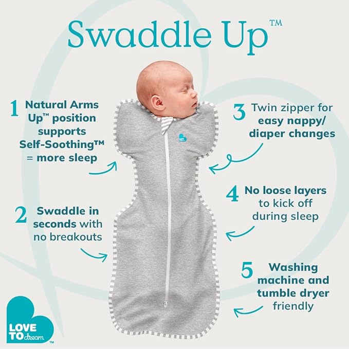 Love to Dream Swaddle UP, Gray, Newborn, 5-8.5 lbs., Dramatically Better Sleep, Allow Baby to Sleep in Their Preferred arms up Position for self-Soothing, snug fit Calms Startle Reflex (Pack of 2)
