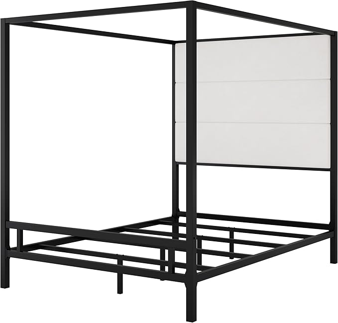 Merax Queen Size Modern Canopy Bed Frame, with Tall Linen Fabric Upholstered Headboard Metal 4-Poster, Box Spring Needed, Black + White