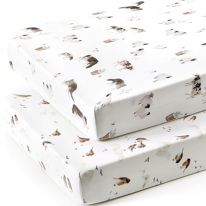 Stretch Ultra Soft Jersey Knit Fitted Crib Sheets Set 2 Pack，Fit All Standard Crib Mattress Pads Safe and Snug, Crib Fitted Sheet for Baby, Cute Watercolor Cows and Birds Print
